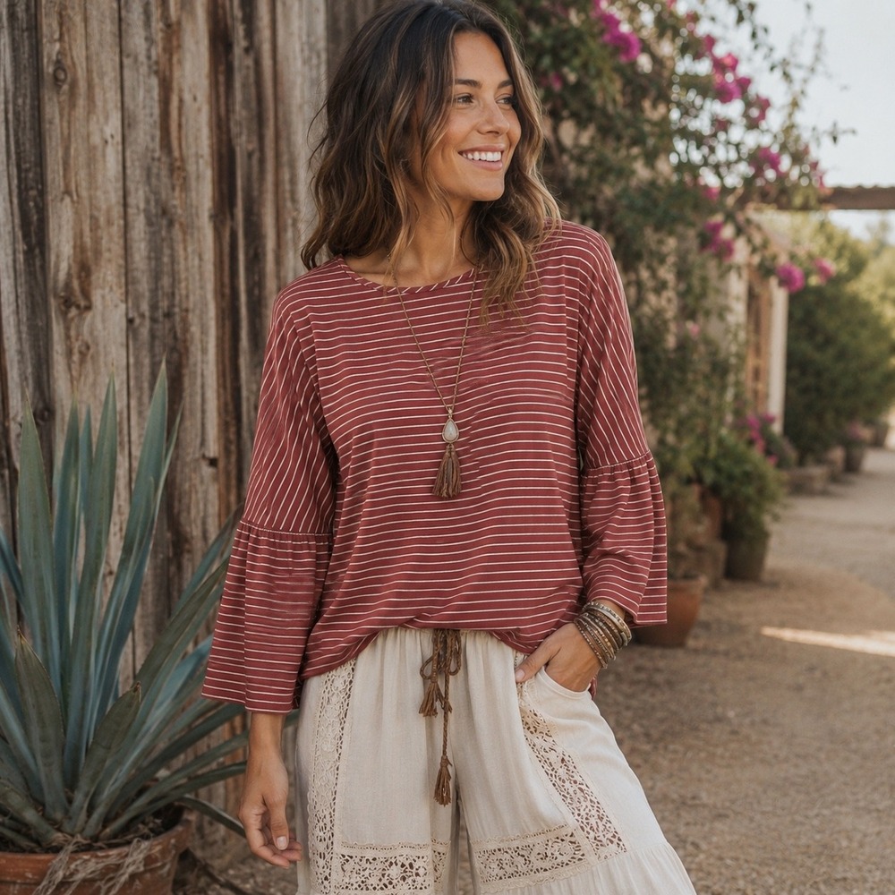 LC Lauren Conrad Striped Bell Sleeve Top Mauve Pink Boho Keyhole Ruffle Shirt S - Picture 6 of 7